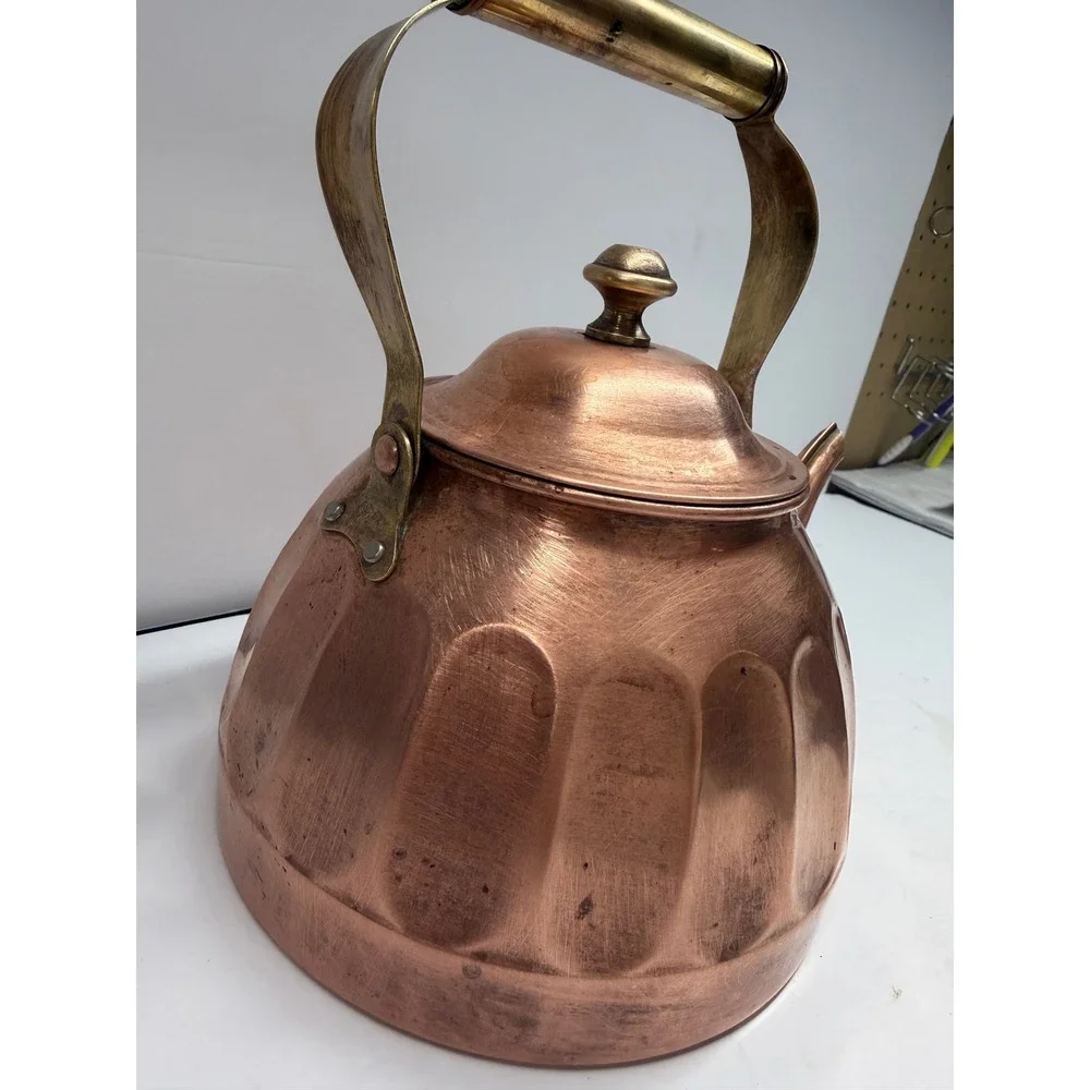 Vintage Copper Tea Kettle Brass Handle Fluted Thumbprint Design Rustic Decor